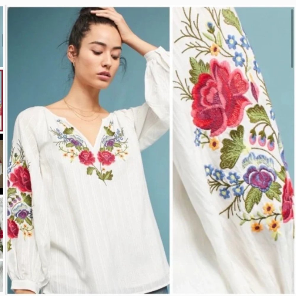 Anthropologie Mira Embroidered Peasant Blouse - Medium